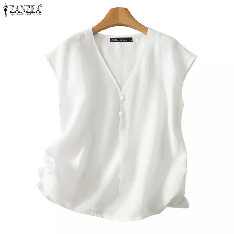 ZANZEA เสื้อลายอเนกประสงค์สำหรับผู้หญิง ออกแบบสไตล์เกาหลี แขนสั้น มีกระดุม V-neck ทำจากผ้าฝ้ายและลินิน เหมาะสำหรับวันหยุดและสวมใส่ในช่วงฤดูร้อน