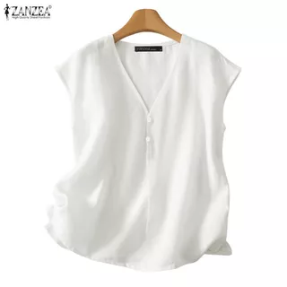 ZANZEA เสื้อลายอเนกประสงค์สำหรับผู้หญิง ออกแบบสไตล์เกาหลี แขนสั้น มีกระดุม V-neck ทำจากผ้าฝ้ายและลินิน เหมาะสำหรับวันหยุดและสวมใส่ในช่วงฤดูร้อน