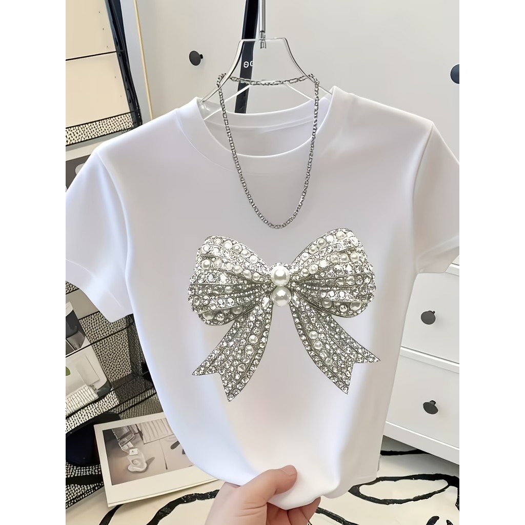 แฟชั่นเสื้อยืดลำลองลายโบว์สำหรับผู้หญิง| คอกลม, ลายเรขาคณิต, เสื้อยืดฤดูร้อนแบบสบายๆ เสื้อท็อปผ้าที่ยืดได้เล็กน้อย