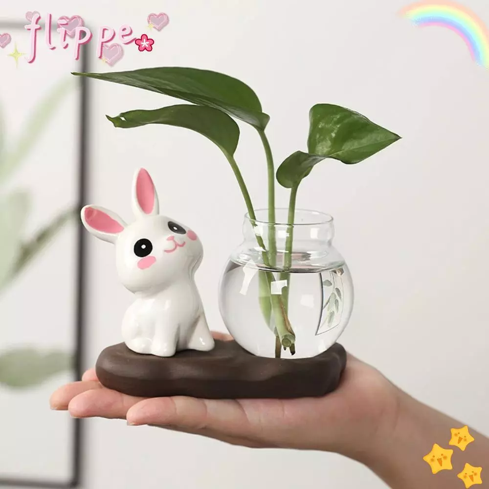 Flippe Hydroponic แจกันพืช,พร้อมฐานไม้ตกแต่งงานฝีมือแจกันแก้วโปร่งใส, กระต่ายน่ารักตกแต่งโต๊ะพืชน้ําดอกไม้ขวดตาราง
