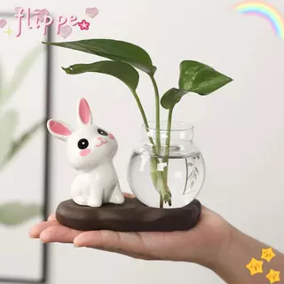 Flippe Hydroponic แจกันพืช,พร้อมฐานไม้ตกแต่งงานฝีมือแจกันแก้วโปร่งใส, กระต่ายน่ารักตกแต่งโต๊ะพืชน้ําดอกไม้ขวดตาราง