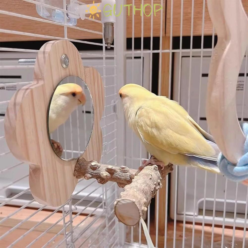 GUTHOP ของเล่นนก,พร้อมกระจก Flower Bird Perch Stand, Creative Square Wooden Parrots Cage Accessories