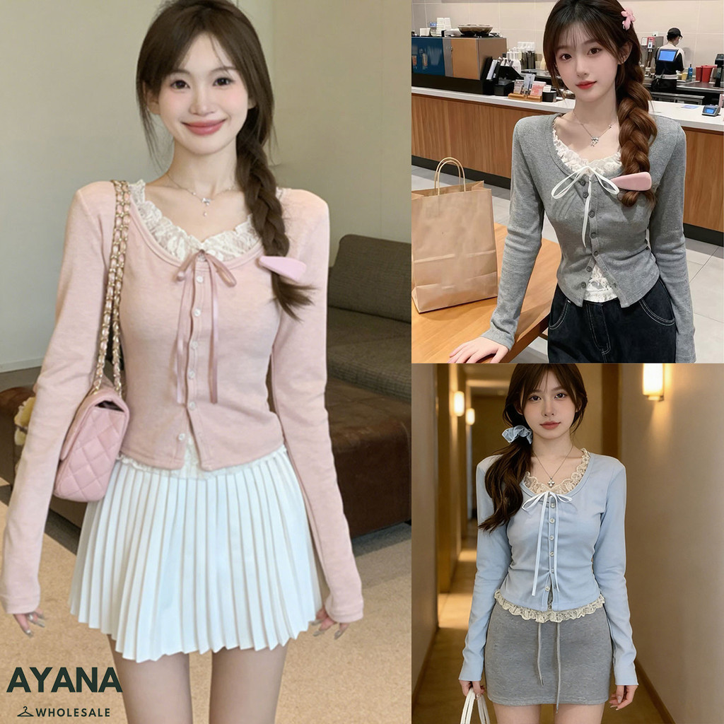 เสื้อยืดแขนยาว สไตล์มินิมอล ผ้าลูกไม้ตกแต่งโบว์
