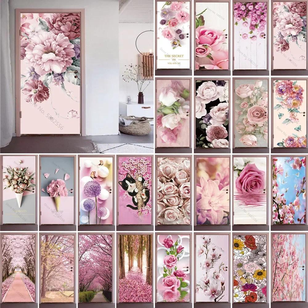ดอกไม้สีชมพู 3D สติกเกอร์ประตู Self กาว PVC วอลล์เปเปอร์สําหรับประตูสติกเกอร์ Apartment Home Door Decor Art Mural