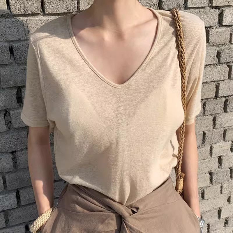 2676 เสื้อยืดแขนสั้นคอวีผ้าฝ้ายผสมลินินลายเกล็ดหิมะสำหรับฤ รูปที่ 4