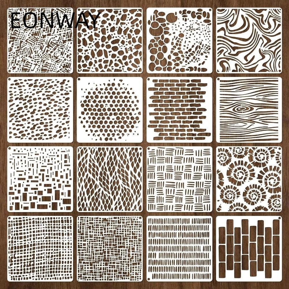 EONWAY 16pcs Craft Stencils, Textured Reusable ภาพวาด Stencils, Creative Hollow-out พลาสติกพื้นหลัง 