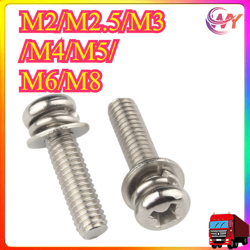 ชุบนิกเกิลหัวกลม CROSS Combination Bolt Pan HEAD CROSS เบาะสกรูแบนยืดหยุ่น Pad M2/M2.5/M3/M4/M5/M6/M