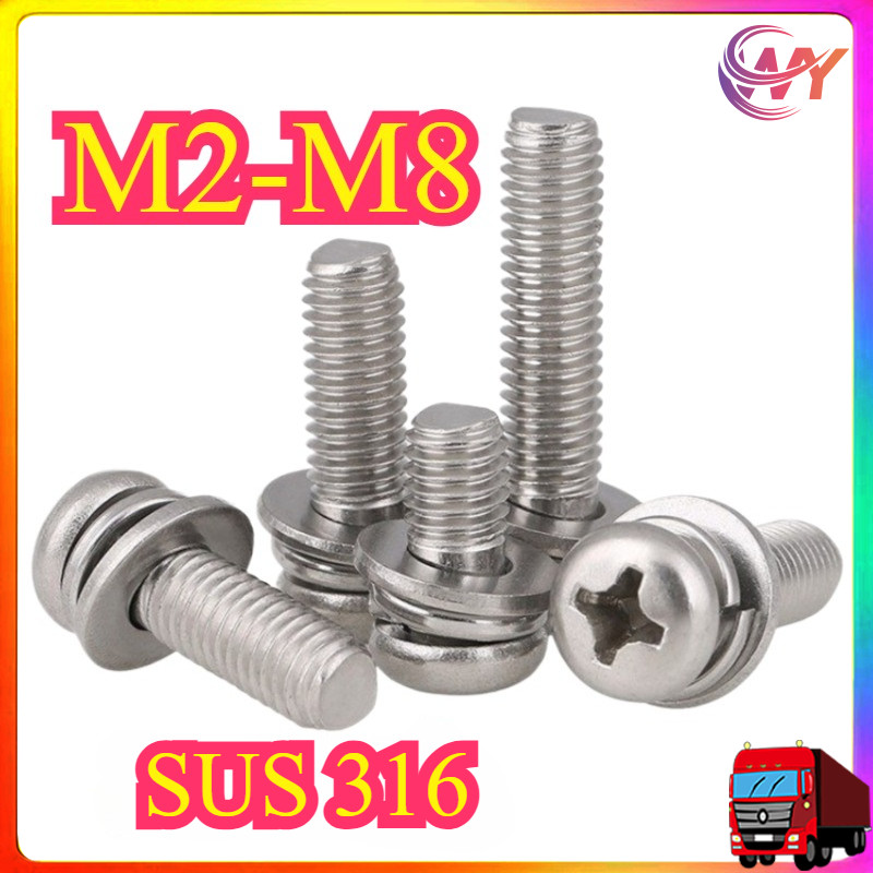 316 สแตนเลสหัวกลมข้ามสามผสมสกรูแบนปะเก็นยืดหยุ่นหัวกระทะสกรูผสม M2-M8 * L5-50 มม.WY-MB