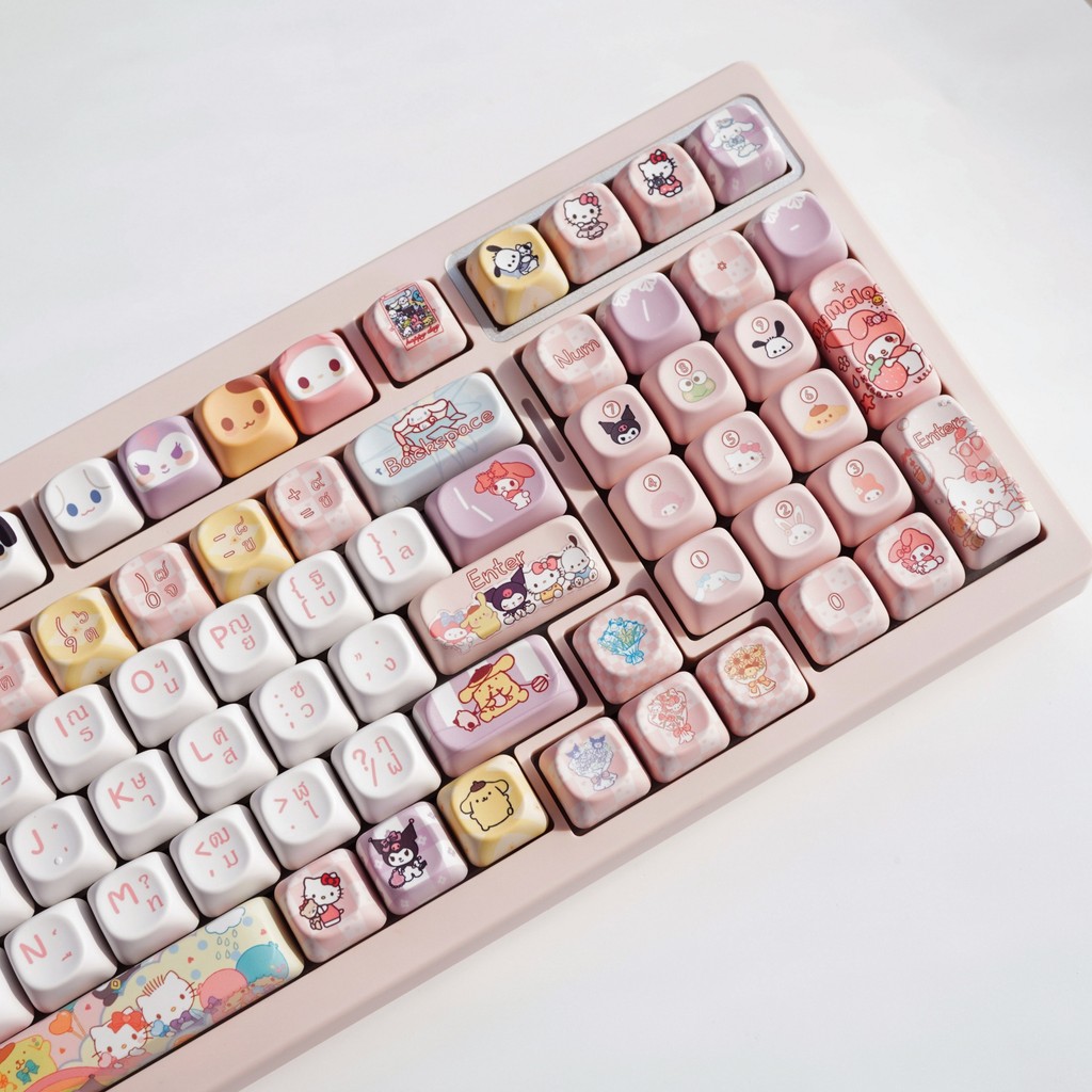 Sanrio ครอบครัวไทย Keycaps MOA โปรไฟล์ 130 คีย์ PBT Wooting Aula F75 RK100 การ์ตูน Keycaps Dye Subli