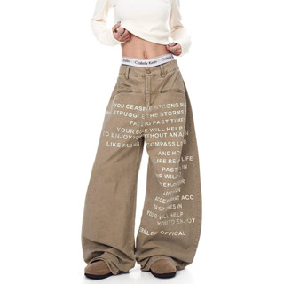 Khaki jeans with letter patterns, high quality, vintage styl…