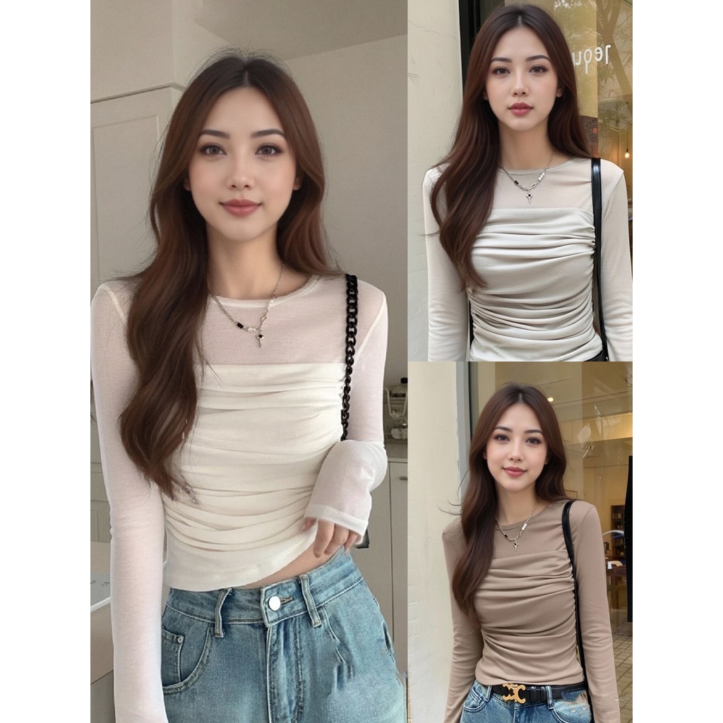 เสื้อยืดแขนยาวจีบเว้าดีไซน์เฉียบ ใส่แล้วลุคโดดเด่นทันสมัยเหมาะกับทุกสไตล์การแต่งตัว