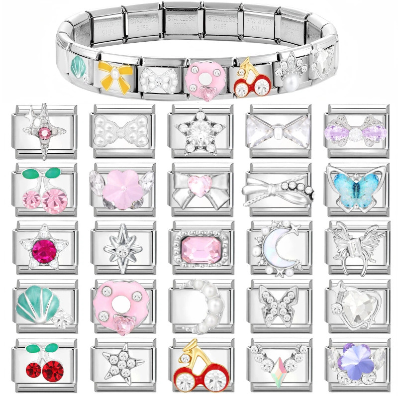 สร้อยข้อมือสแตนเลสเพชรผีเสื้ออิตาเลียน charm links ขนาด 9 มม.