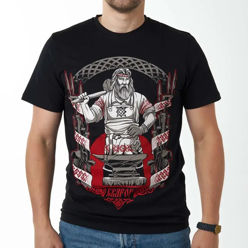 เสื้อยืด Svarog สลาฟ ไฟ, ท้องฟ้า, เทพช่างตีเหล็ก ผ้าฝ้าย 100% คอกลม แขนสั้น เสื้อยืดลำลองสำหรับผู้ชา