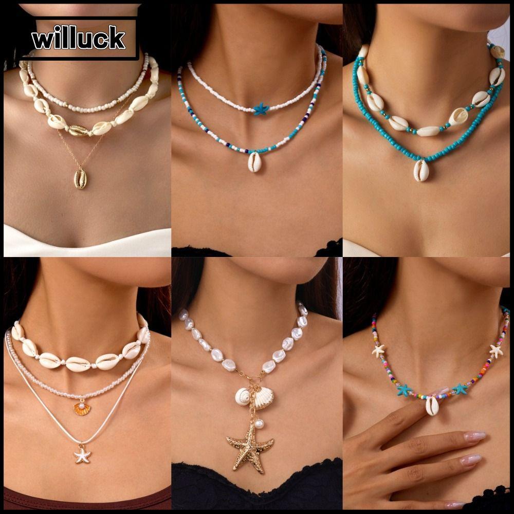 WILLUCK โซ่กระดูกไหปลาร้าและสร้อยคอบริการแบบเปลือกหอยสไตล์โบฮีมيانสองชั้น พร้อมโซ่วินเทจปลาดาว เป็นของขวัญที่สวยงาม