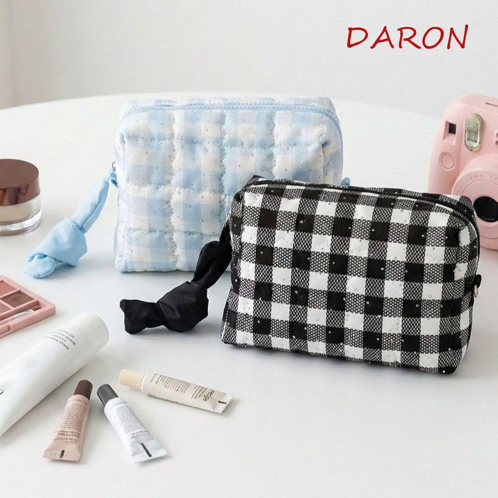 DARON กระเป๋าเครื่องสําอางลายตารางหมากรุกกระเป๋าแต่งหน้าความจุขนาดใหญ่, กระเป๋าล้าง สไตล์เกาหลี High