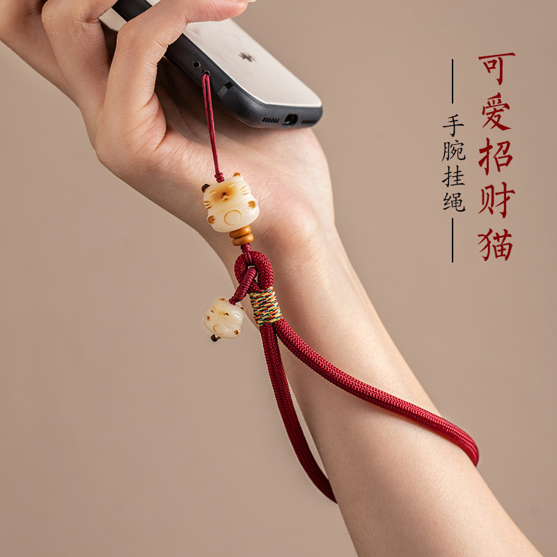 น่ารักโพธิ์แมวนําโชคโซ่โทรศัพท์มือถือข้อมือแขวนโซ่จี้จี้ที่สวยหรูป้องกันการสูญหายกันกระแทกกรณีโทรศัพท์มือถือเชือกเส้นเล็ก