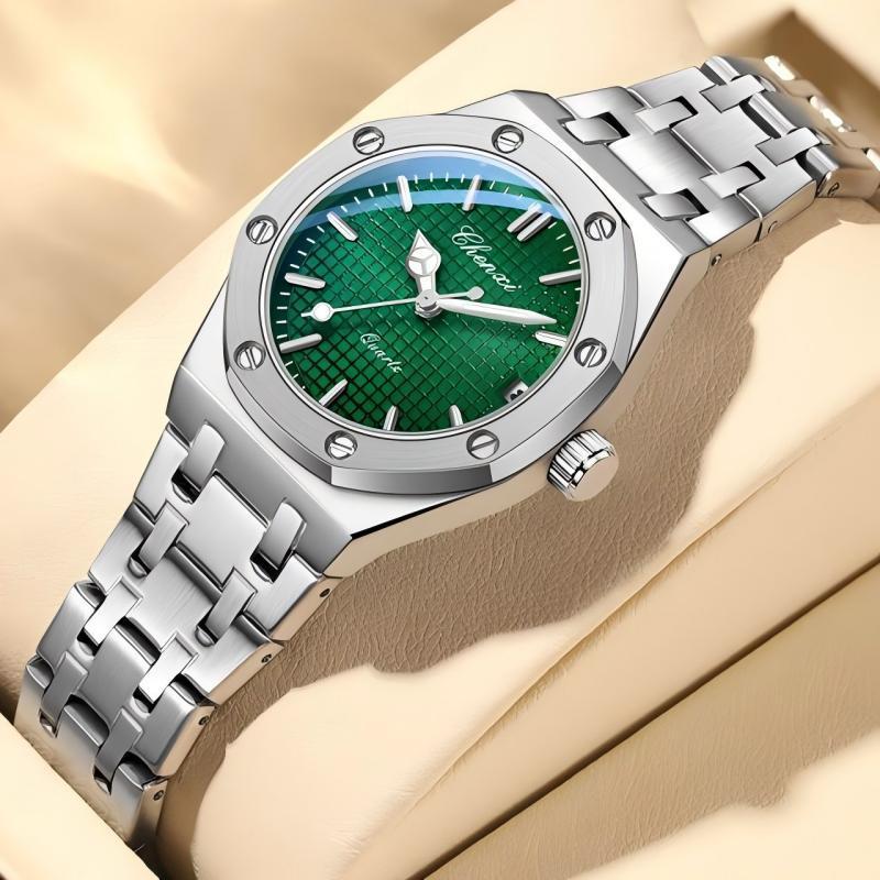 CHENXI CHENXI สุภาพสตรีนาฬิกา Oak สุภาพสตรีนาฬิกาส่องสว่างกันน้ําสายเหล็กนาฬิกาควอตซ์