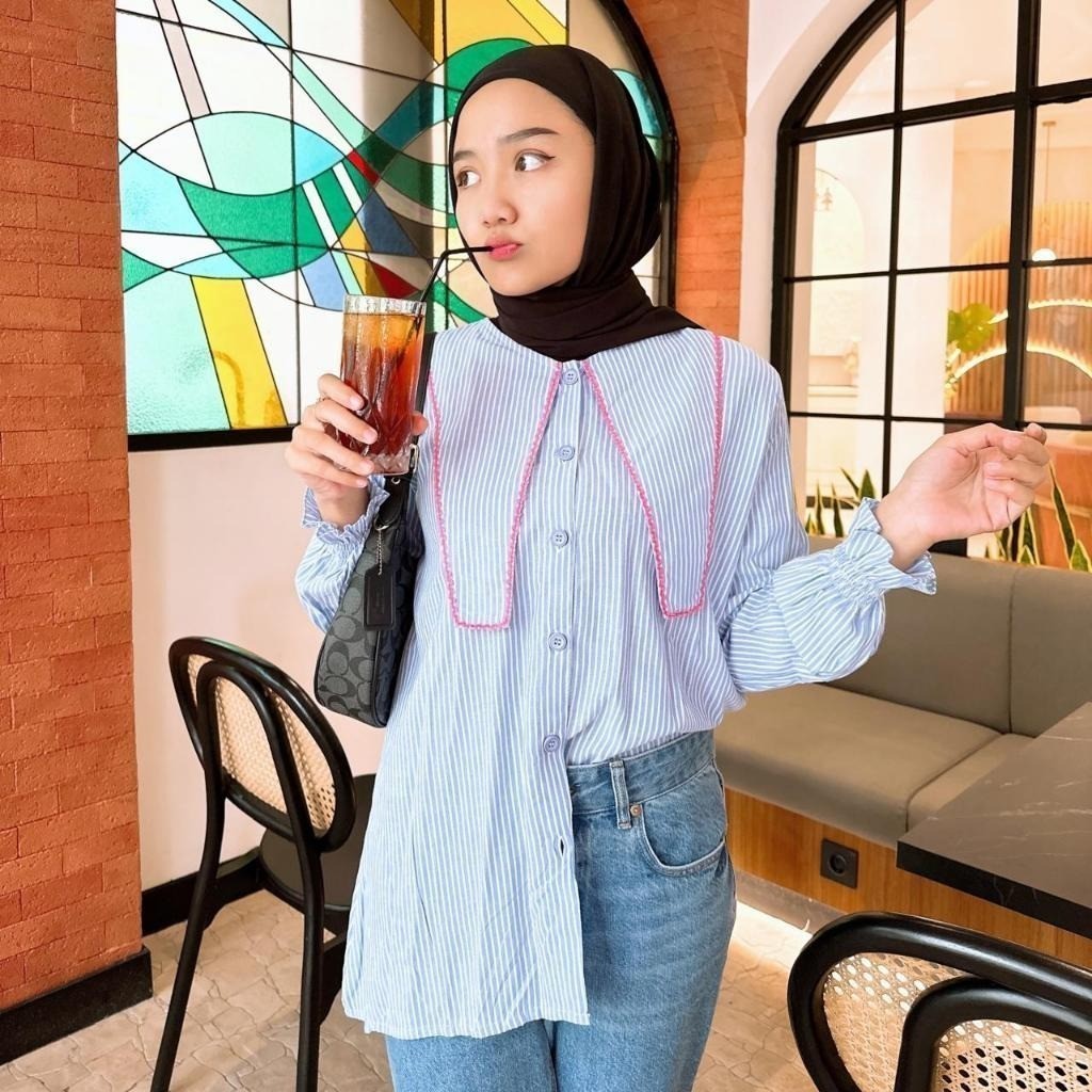 KEMEJA KATUN Shevera (ภาพจริง) Givana เสื้อท็อปสตรีมุสลิมผ้าฝ้ายลายแฟชั่นสไตล์เกาหลีลําลองทุกวัน