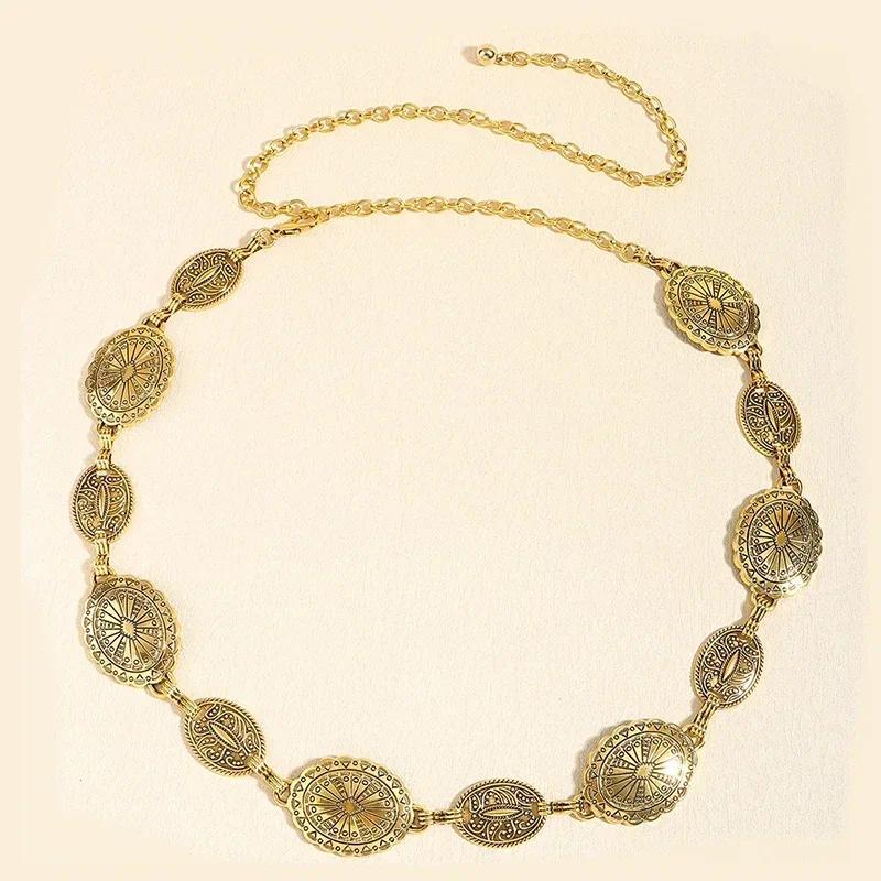 Retro style women's metal waist chain accessories Decorative circle carved chain belt high style acc
