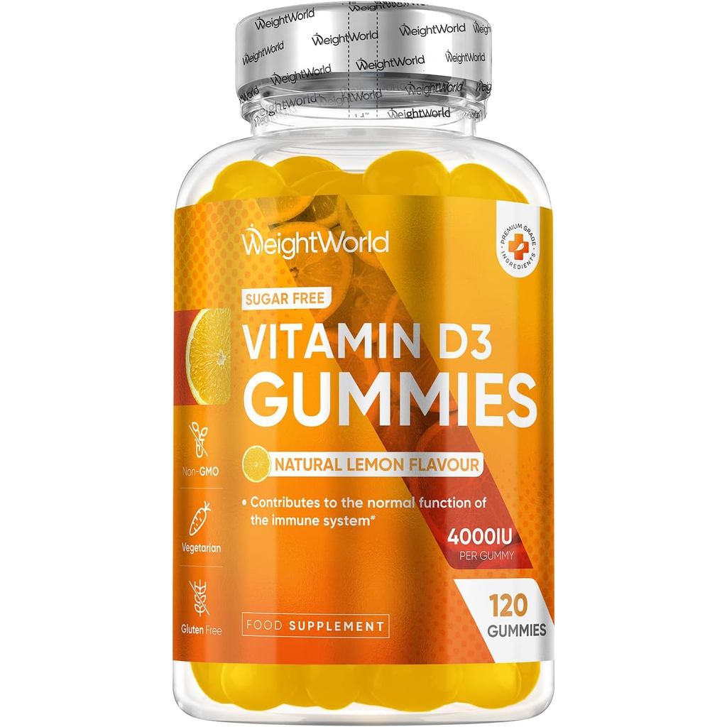WeightWorld Vitamin D3 4000 IU กัมมี่มังสวิรัติ รสมะนาว 120 เม็ด | ปลอดภัย GMP | ปราศจากน้ำตาลและกลู