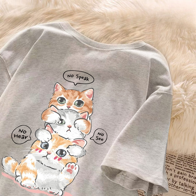 COD 2026สไตล์ญี่ปุ่นสนุกทุกวันบ้านการ์ตูนน่ารักแมวพิมพ์ขนาดใหญ่หลวมเสื้อยืดผู้หญิงนักเรียนสไตล์ขี้เก