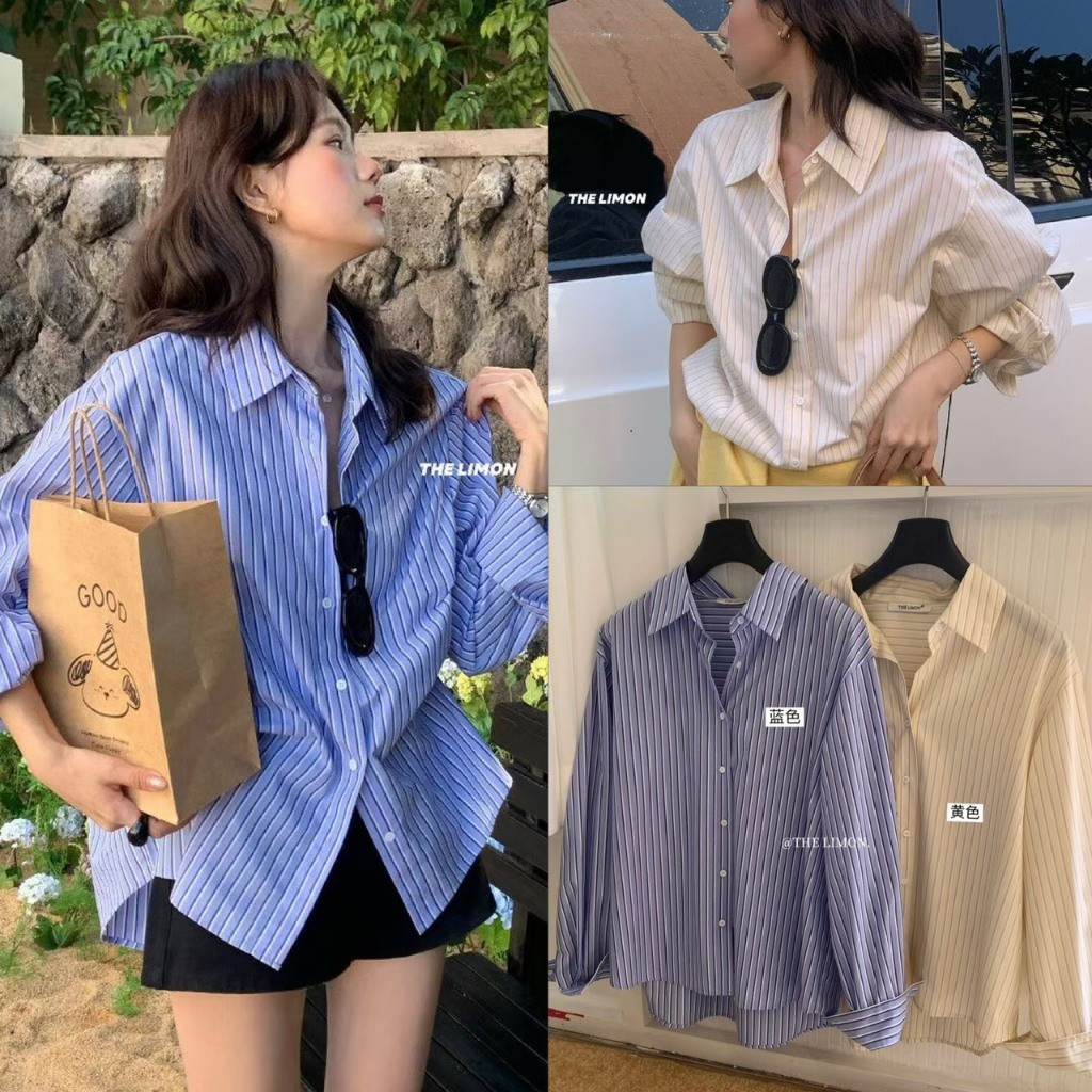 ❤ 🧵 🇰🇷 LM10057 เสื้อเชิ้นตแขนยาว ลายริ้ว ทรงเบสิค ที่สาวๆต้องมีติดตู้ ผ้าดีใส่สบาย ใส่เที่ยว แฟชั่นเกาหลี TAG LEMON 🧵🧡