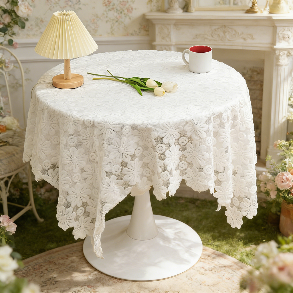 ผ้าปูโต๊ะสีขาวสไตล์นอร์ดิกลูกไม้ปักออกแบบป้องกันฝุ่นผ้าคลุมโต๊ะตกแต่งบ้าน