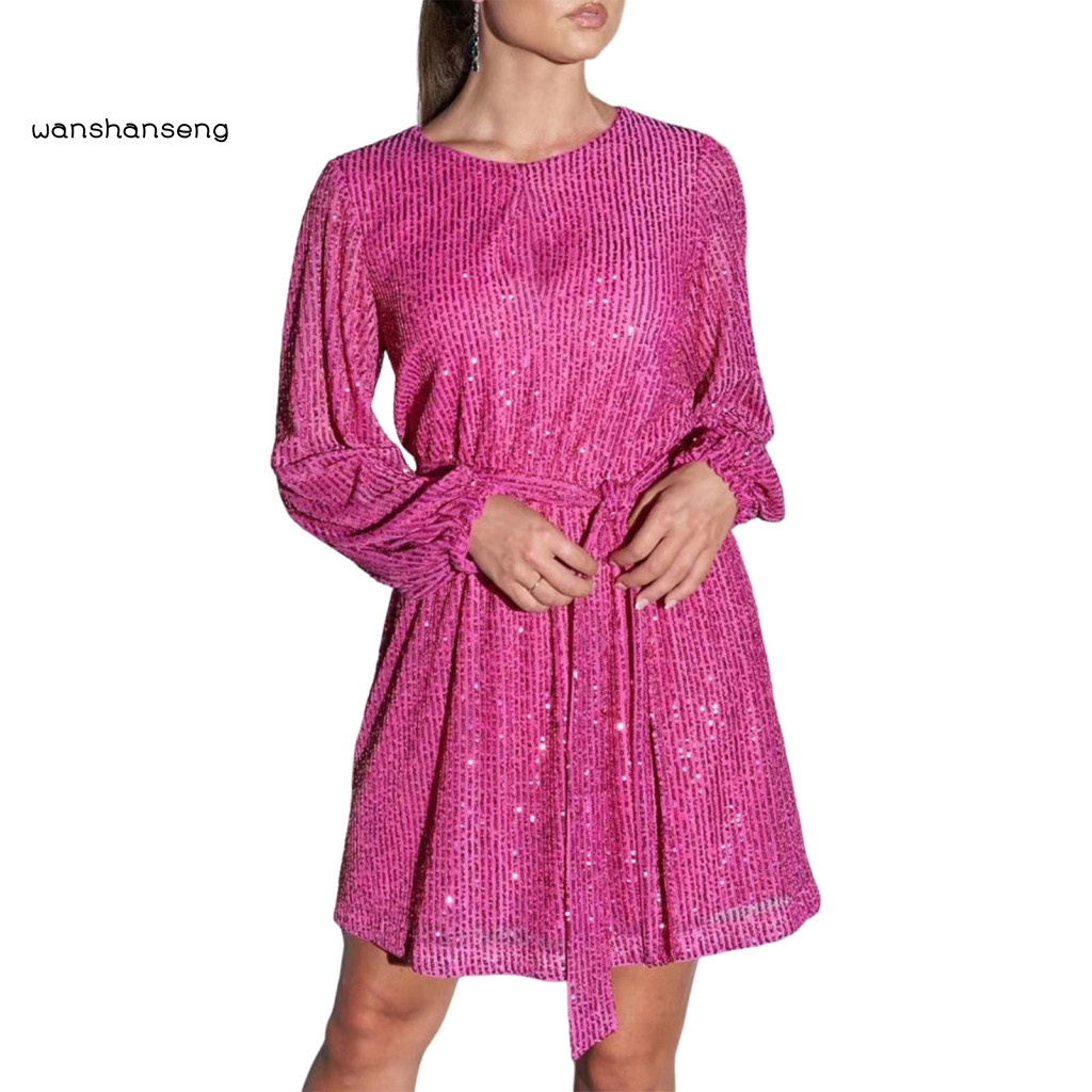 WSG_ ผู้หญิงเลื่อมชุดผู้หญิงค็อกเทลชุดผู้หญิง Sparkly เลื่อมมินิชุด Glitter แขนยาวคอเรือ Swing ชุดเซ