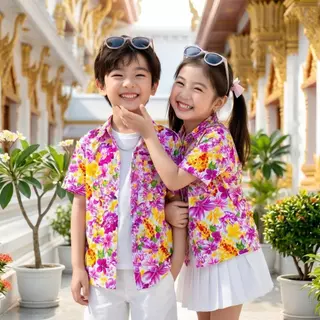 เสื้อสงกรานต์ลายดอกเด็กโต ผ้าคอตตอน100% สีไม่ตก ผ้าไม่หด 10-12ปี น้ำหนัก30-45kg สูง140-160cm รุ่น013