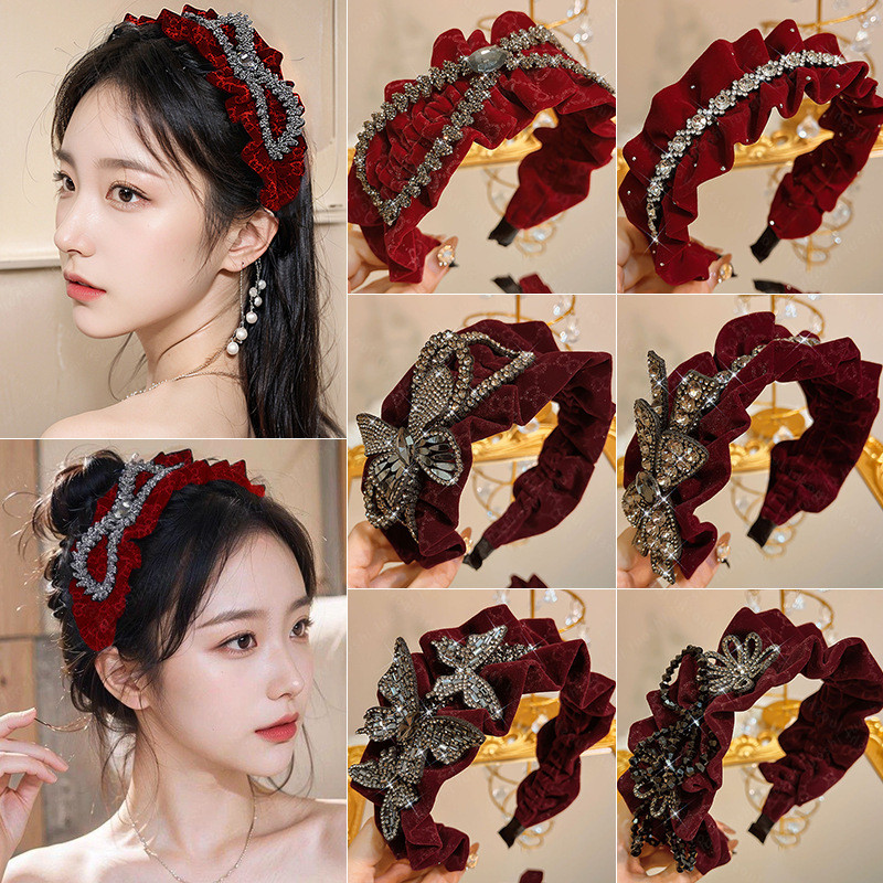 ที่คาดผมโบว์กํามะหยี่สีแดง, ที่คาดผมผ้าสักหลาดฝังอัญมณีคุณภาพสูงแฟชั่นสตรี