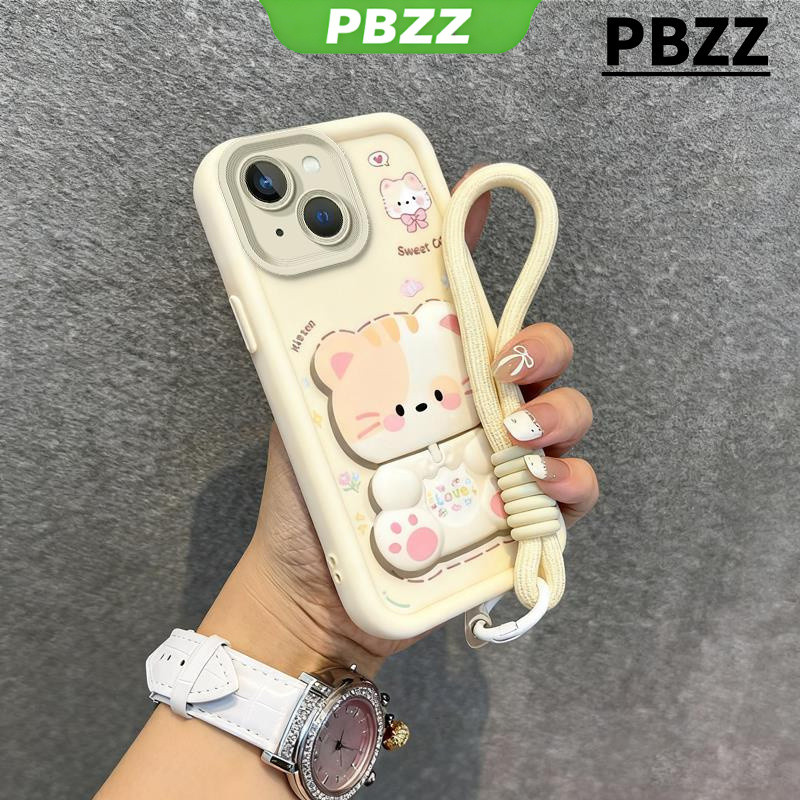 PBZZ PBZZ สําหรับ iphone 14 11 12 13 15 PRO max 14 12 13 15 plus 14 15 Pro เคสโทรศัพท์ Softcase Cover ออกแบบใหม่น่ารักแมวแต่งหน้ากระจกผู้ถือ & lanyard สําหรับชายสีดํา JTDTMZJ04