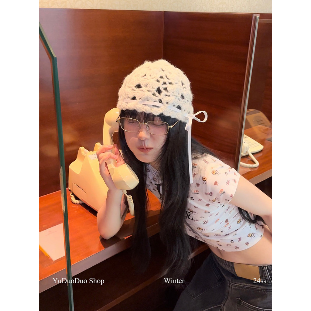 สไตล์เกาหลีแฮนด์เมดโครเชต์กลวงโบว์ถักหมวกเป่าโถวผู้หญิงฤดูร้อนซอกบางสไตล์ใบหน้าขนาดเล็กหมวกขนสัตว์ ราคา ถูกที่สุด ดีลบีเคเค แกลเลอรีภาพที่ 6