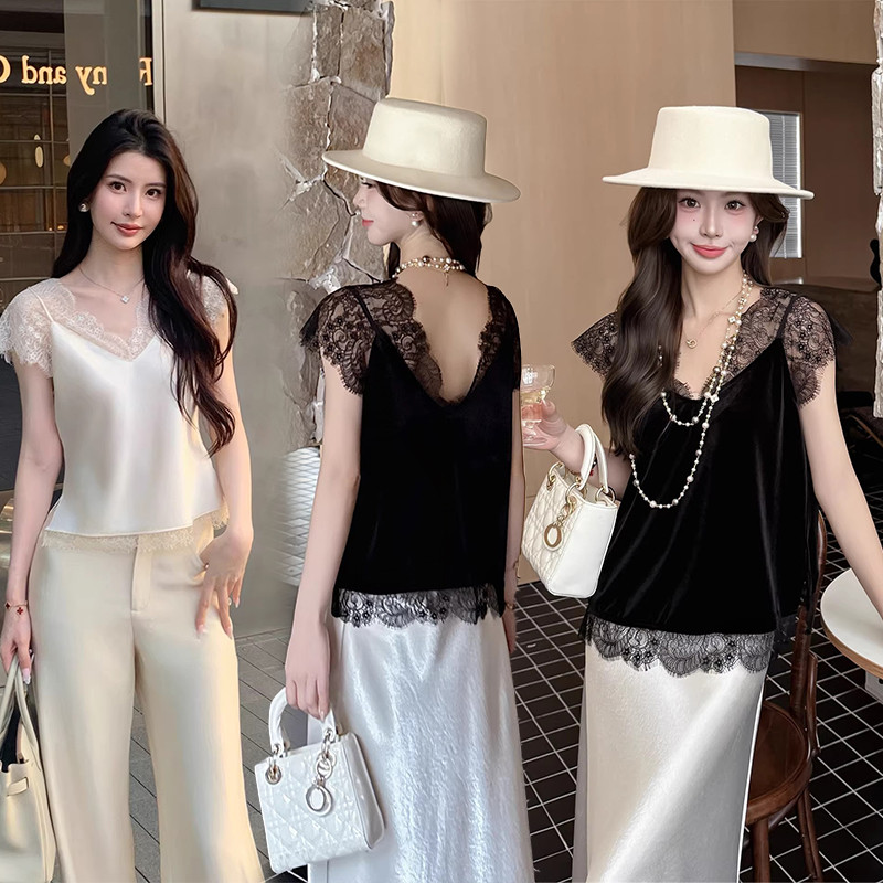 BG เสื้อกั๊กแต่งขอบลูกไม้สำหรับผู้หญิง คอวี แขนสั้น ทรงหลวม เซ็กซี่ เหมาะสำหรับสวมใส่ในฤดูร้อน 99296