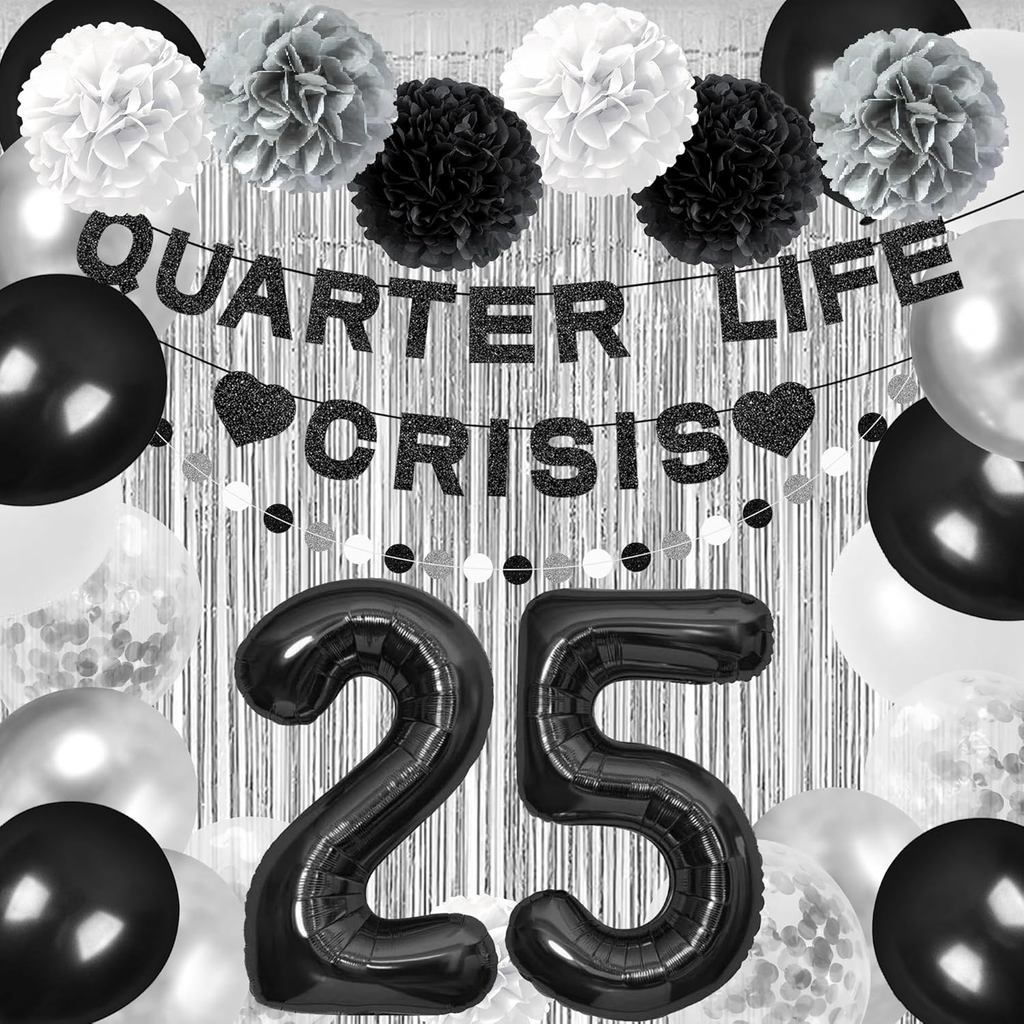 Holkcog 25th ตกแต่งวันเกิดสําหรับผู้หญิง, Quarter Life Crisis ถึง 25 ปีแบนเนอร์สีดํา 25 บอลลูนตัวเลข