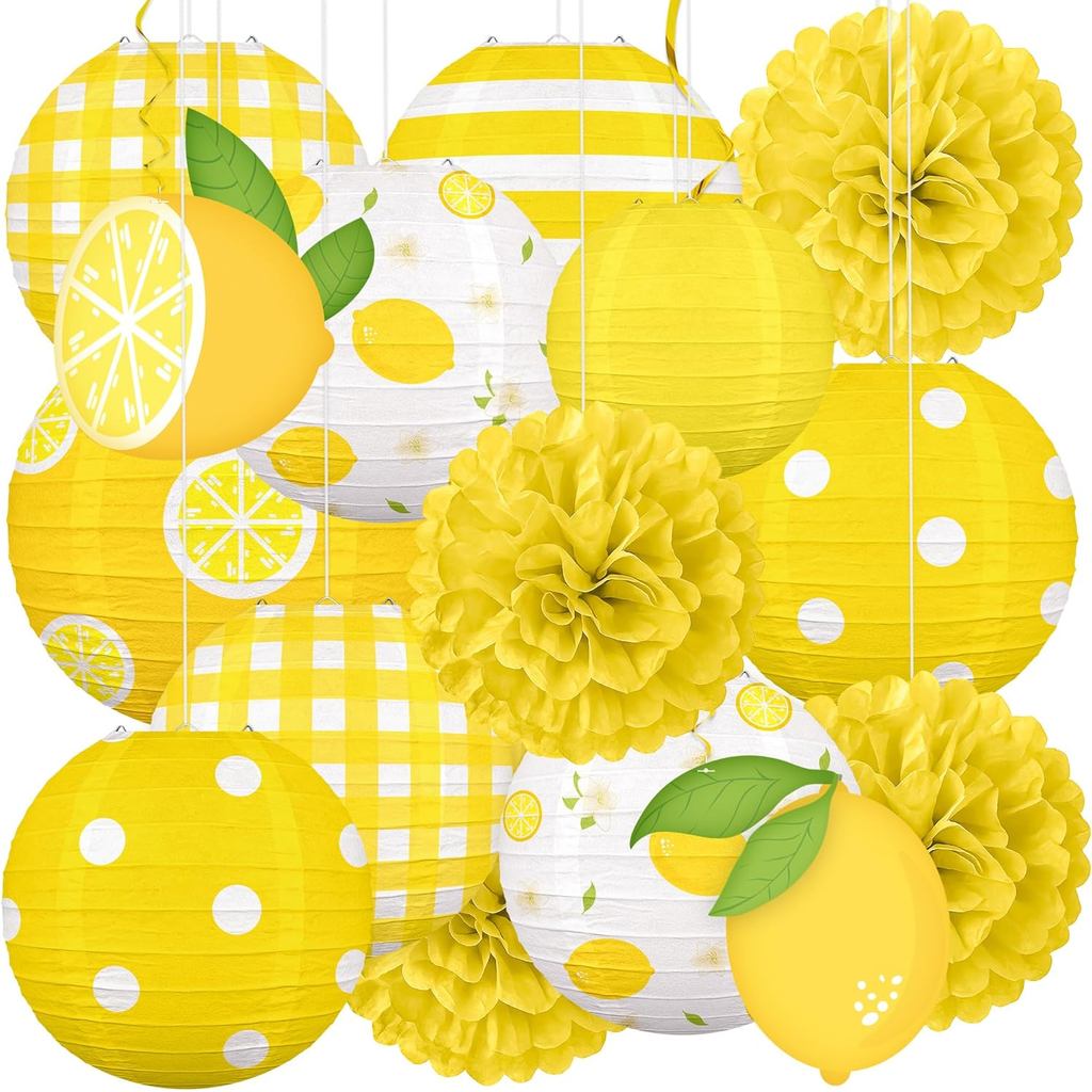 15PCS ฤดูร้อน Lemon Party ตกแต่งโคมไฟกระดาษ Pom Poms แขวน Swirls ธีมสีเหลือง Lemonade Stand Italian 
