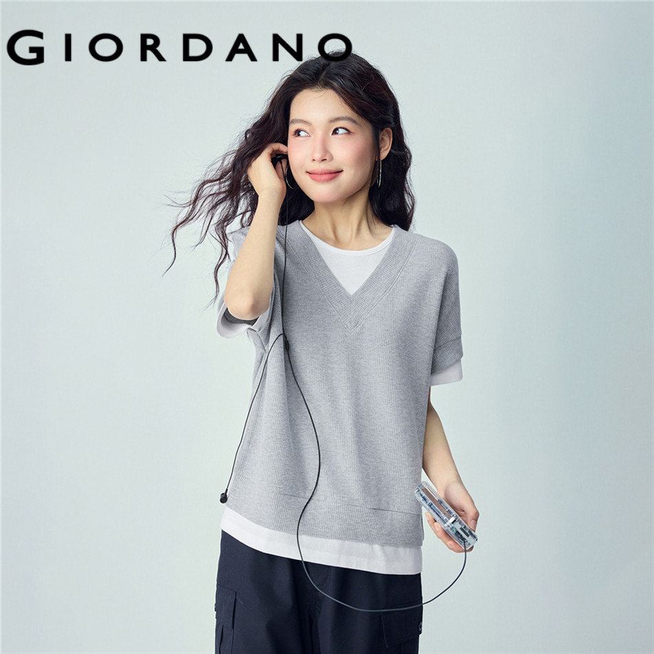 GIORDANO WOMEN Fake two-piece short sleeve waffle tee 13326284