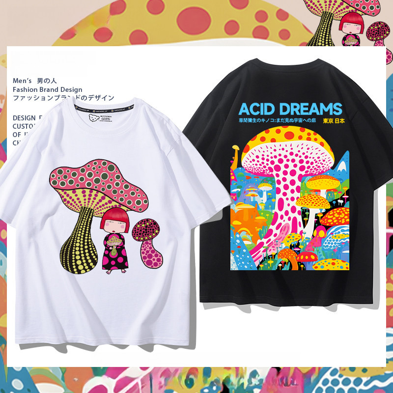 เสื้อยืดแขนสั้นสีดำสไตล์ญี่ปุ่น พอลค้า닷 มัสมอร์ฟิน โดย Yayoi Kusama