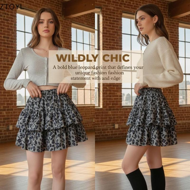 Ztoyl Leopard Print A-Line Puffy Skirt for Women - Spring Summer Slimming Zxh