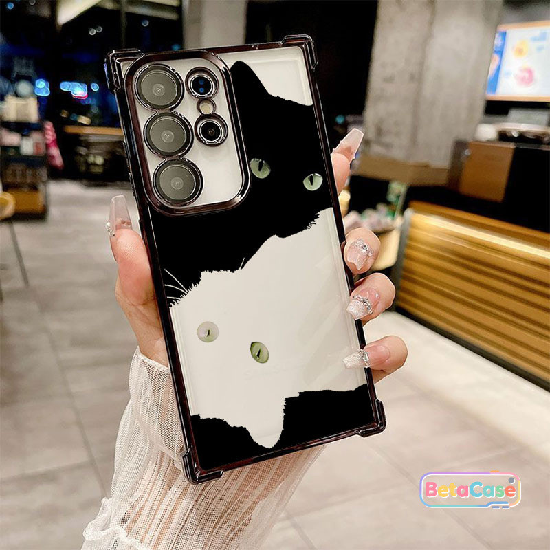 สำหรับ Samsung S25U,S24U,S23,S23U,S22,S22U,S21U,S20,S20FE เคสซัมซุง แมวดำขาวสัตว์เลี้ยงน่ารัก ชุบสี่มุม กันตก – โปรปัง