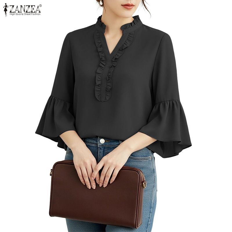 .getZANZEA ซานเซีย เสื้อเบลาส์คอวีแขน 3/4 สไตล์เกาหลี สำหรับทำงานและสวมใส่อย่างสบาย