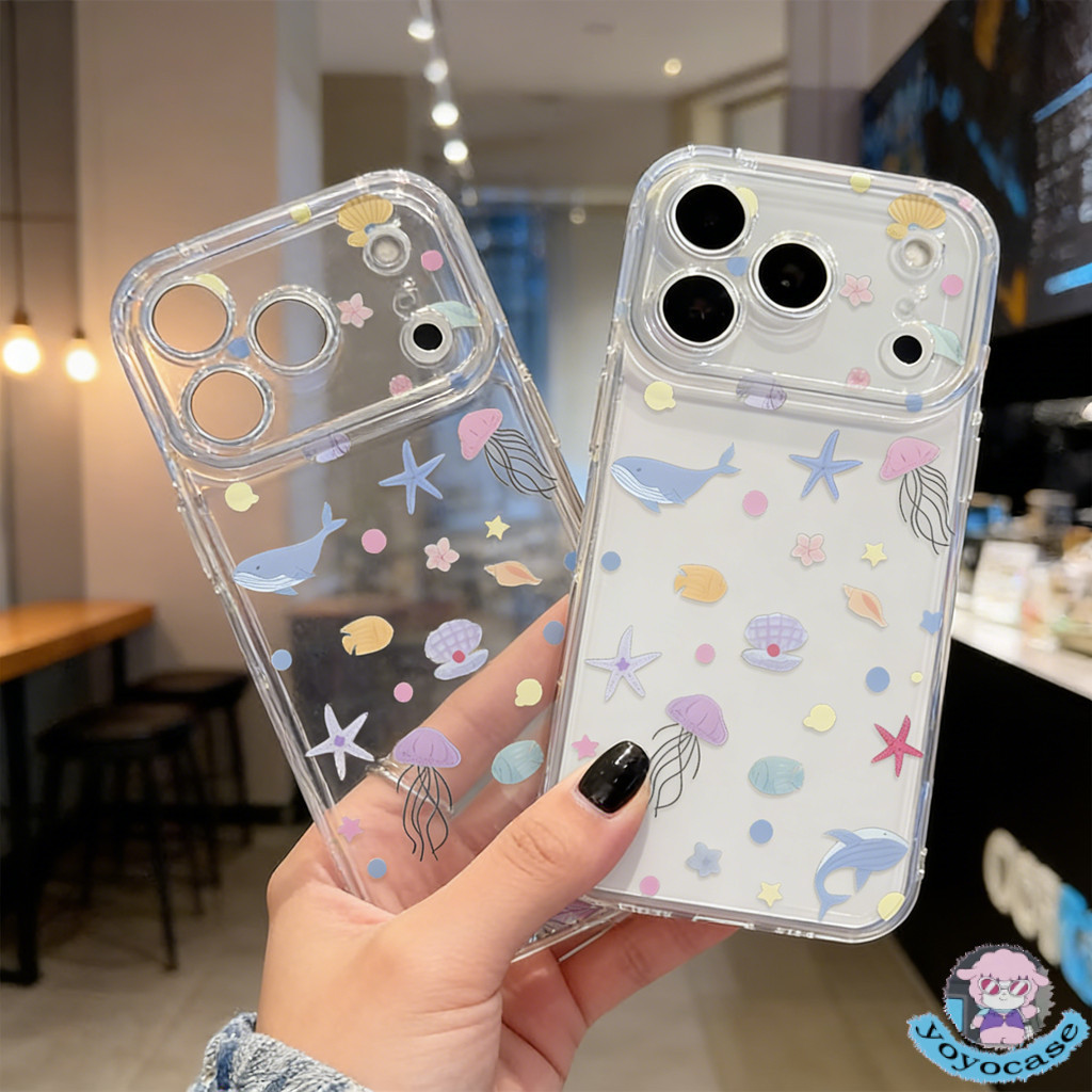 เคสไอโฟน17 13 เคสใส ลายปลาวาฬสัตว์ทะเล พาสเทล สำหรับiPhone 11 17 13 16 15 14 12 Pro Max 15 14 7 8 16 Plus XR X XS Max SE