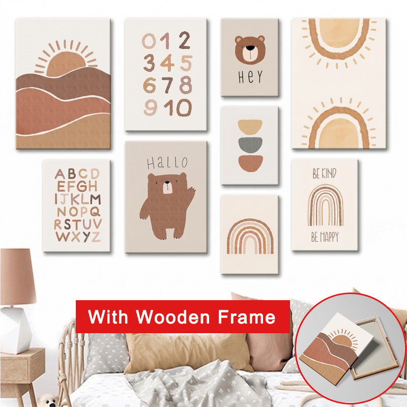 หมายเลขตัวอักษรเนอสเซอรี่ Wall Art หมีผ้าใบพิมพ์ Rainbow Sun โปสเตอร์ Boho Decor ภาพติดผนังสําหรับตกแต่งห้องเด็ก