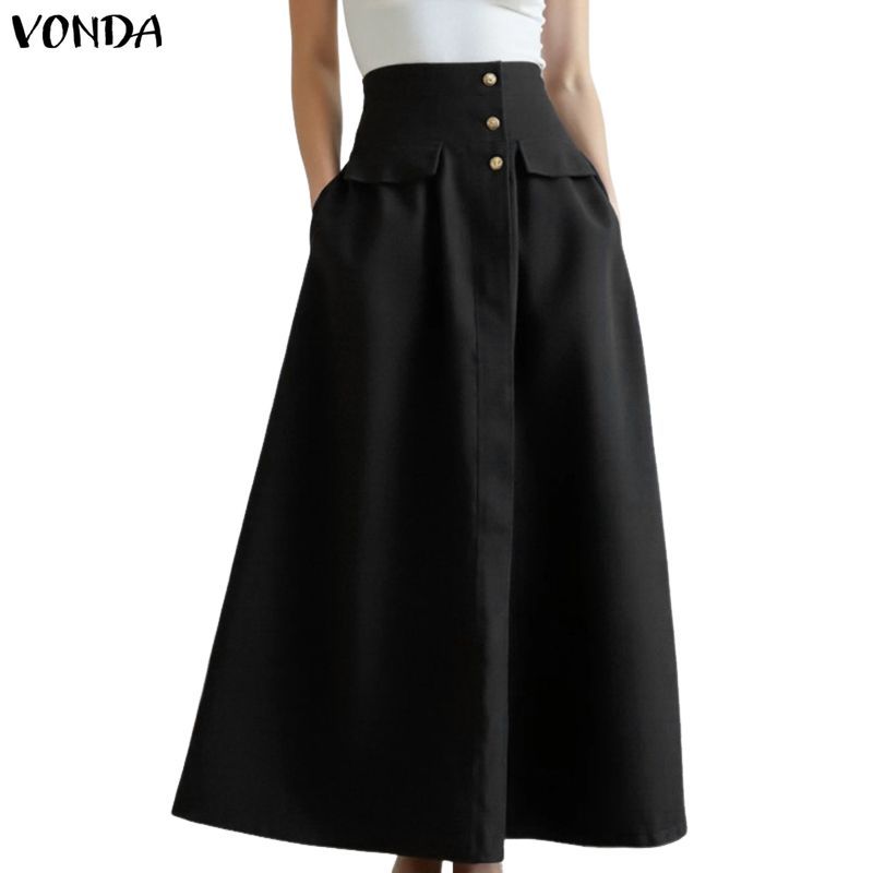 กระโปรงเอวสูงยาวระดับเข่า VONDA สไตล์เกาหลี สำหรับใส่ทำงาน แบบหลวม ๆ กางเกงในตัว มีซิปและปุ่ม พร้อมกระเป๋า