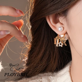 PLOYBRIL เดรช เข็มเงินเพชรดาวจดหมายลูกมุกต่างหูสองสวมใส่ E055