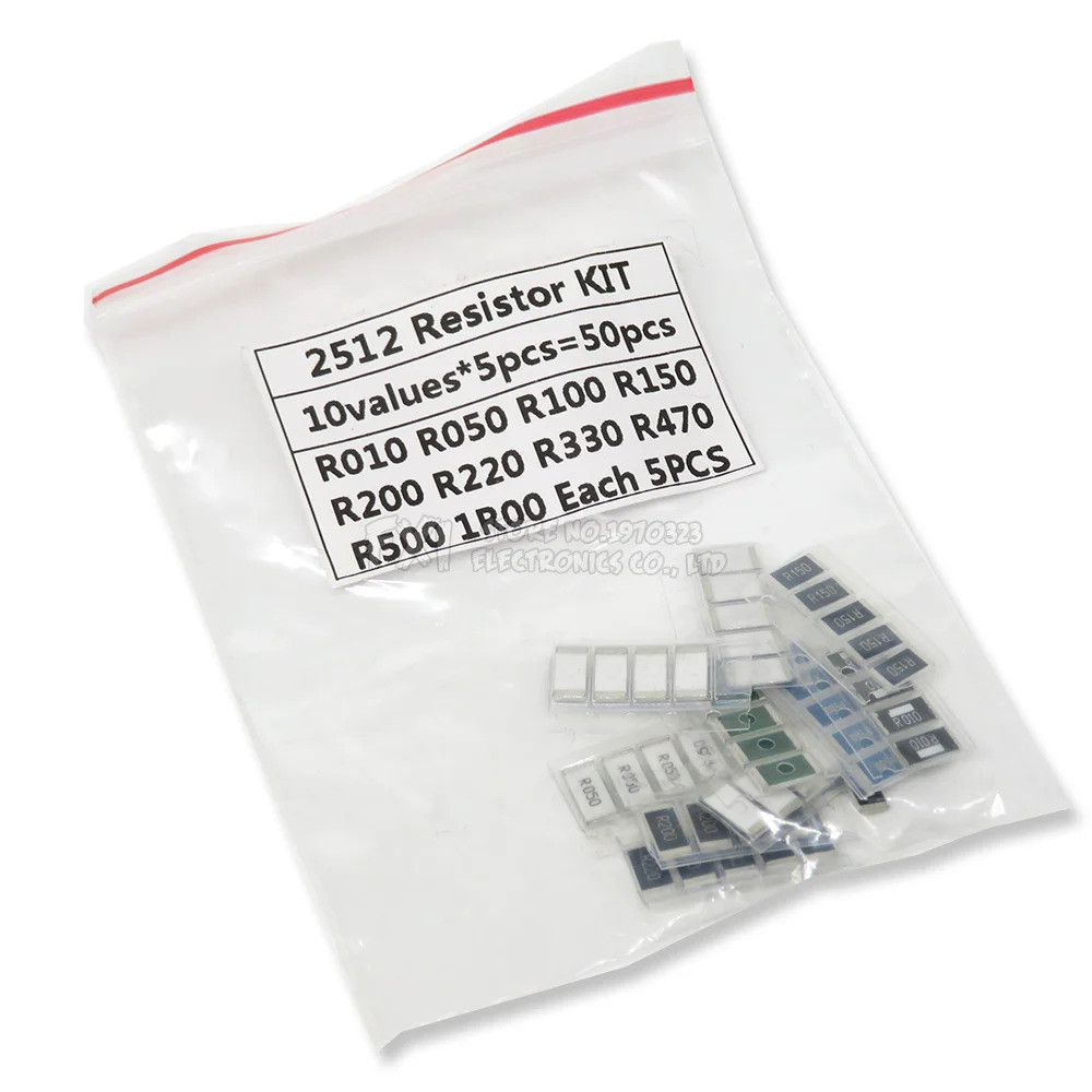 50PCS 1% 2512 SMD ตัวต้านทานตัวอย่างชุด 10 ค่าX5PCS = 50 ชิ้น 1R00 R500 R470 R330 R220 R200 R150 R10