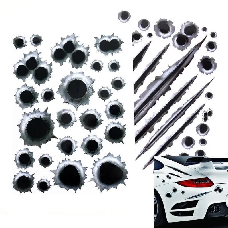 AA01HOME จำลองรูกระสุน สติ๊กเกอร์แต่งรถ 3D สัญลักษณ์สติกเกอร์สร้างสรรค์ รูกระสุนปลอม ปืนยิงสำหรับ   อุปกรณ์เสริมในรถยนต์