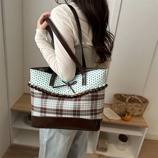 โบว์ตรวจสอบ Retro Checked Polka Dot Tote กระเป๋า Preppy สไตล์ขนาดใหญ่ความจุกระเป๋าถือ Commuter Class กระเป๋าสะพาย