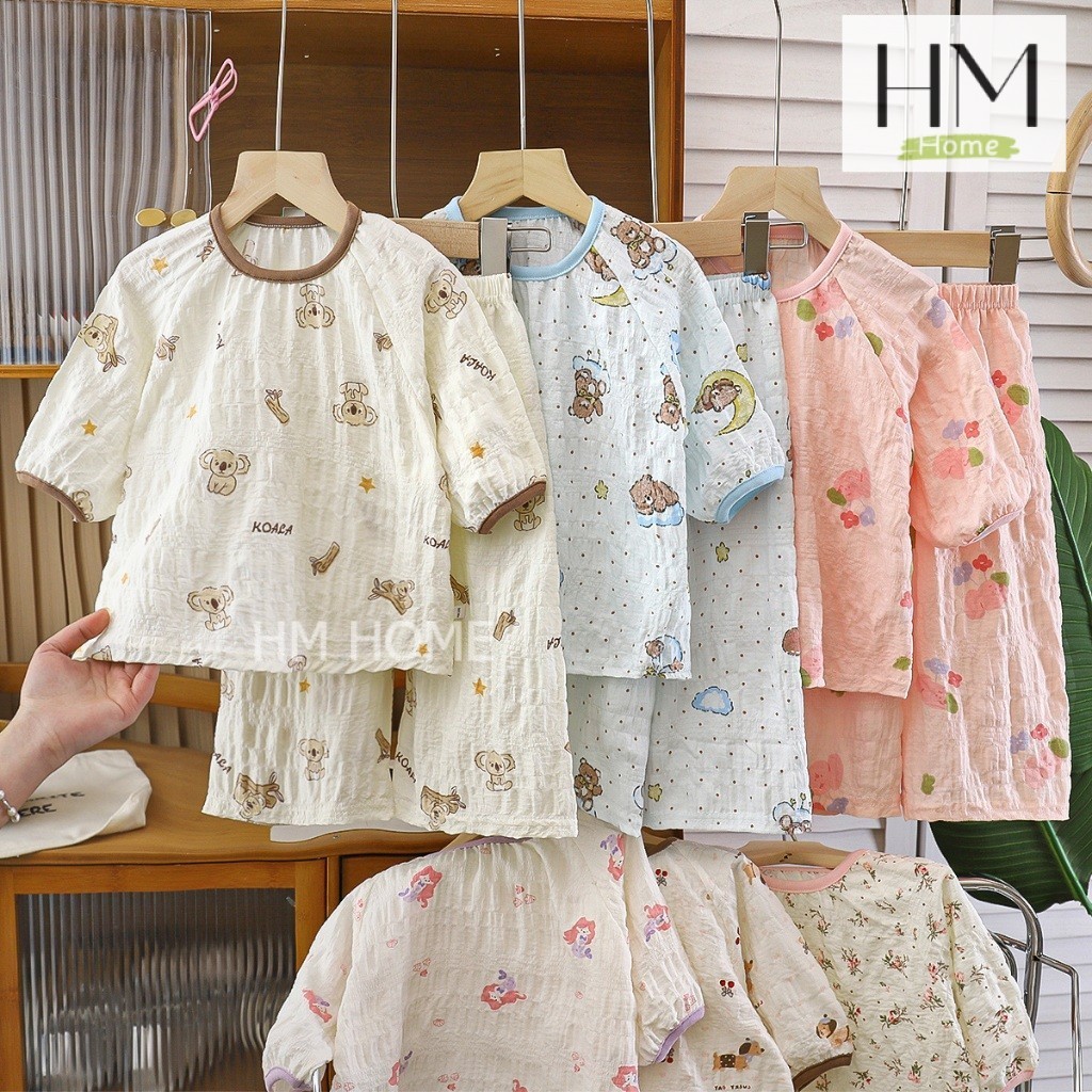 ใหม่ ชุดนอนเด็ก เสื้อแขนสั้นกางเกงขายาว ชุดนอนน่าร้อน เนื้อผ้าบางเบา Size80-120cm