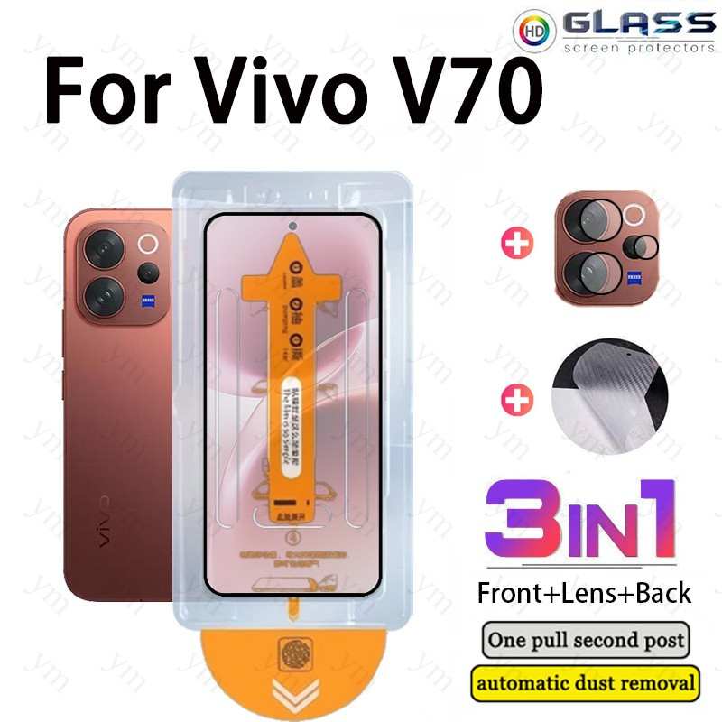 3 In 1 ฟิล์ม ฟิล์มกระจก Vivo V70 HD One-คลิกกระจกนิรภัยป้องกันหน้าจอฟิล์มคาร์บอนไฟเบอร์สําหรับVivo V60 V50 V40 Lite Y21d Y29 Y19s Y28 Y04 Y04sกล้องเลนส์Protector