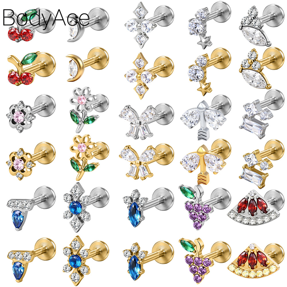 Bodyace 1 PC 16G ต่างหูไทเทเนียมและคริสตัล LOBE สไตล์ผลไม้และสตั๊ด